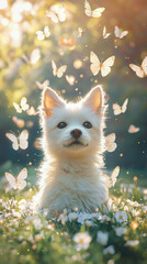 A hyper-realistic, full-body image of a white furry dog facing the camera directly