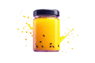 Bright Yellow Passion Fruit Jelly in Glass Jar with Splash Effect on Transparent Background