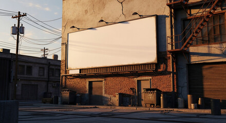 Obraz premium Urban Billboard and Rusty Fire Escape in a Dilapidated City Alleyway