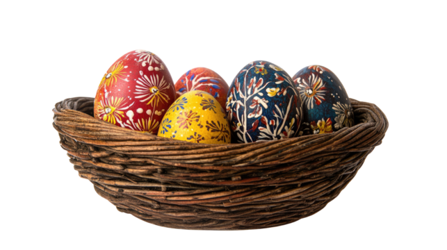 red yellow and blue hand painting Easter egg in wooden basket on white background