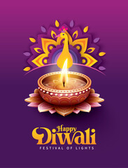 Happy Diwali festival with oil lamp, Rangoli decoration with Diya, Diwali holiday Background with rangoli, Diwali celebration greeting card,vector.