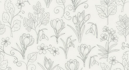 Elegant Floral Embroidery Pattern on White Background, Seamless Botanical Textile Design
