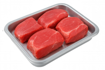 Uncooked beef cuts arranged on metallic surface, presenting raw culinary ingredients against clean transparent backdrop