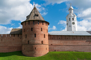 The Metropolitan Tower of the Novgorod Kremlin (Novgorodsky Detinets) and the Euthymius Bell Tower on a sunny summer day, Veliky Novgorod, Russia