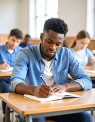 Fototapeta premium A young black student is taking notes on a notebook during a lesson.