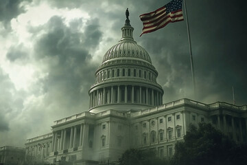  the United States Capitol Building in Washington, D.C., under a dramatic, cloudy sky, with the American flag flying prominently