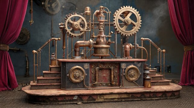 Elaborate steampunk contraption with gears, pipes, and stage curtains