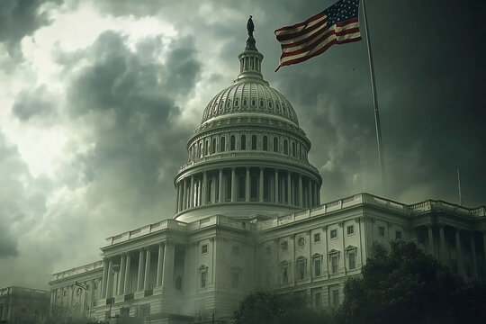 Fototapeta  the United States Capitol Building in Washington, D.C., under a dramatic, cloudy sky, with the American flag flying prominently