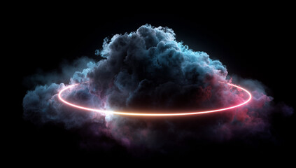 Abstract neon-ringed cloud on dark background, glowing circular frame in colorful smoke for sci-fi dreamy vibe, 8K ultra HD
