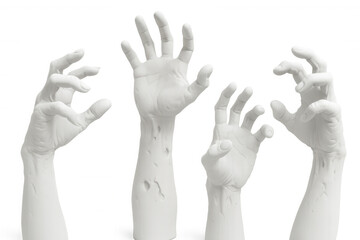 Four decaying zombie hands reach upwards on a transparent background, creating a spooky and eerie atmosphere