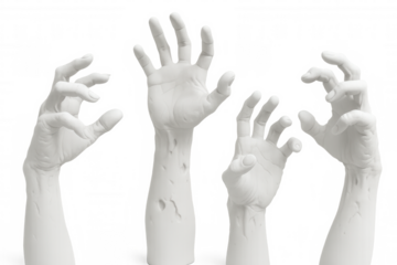 Four decaying zombie hands reach upwards on a transparent background, creating a spooky and eerie atmosphere