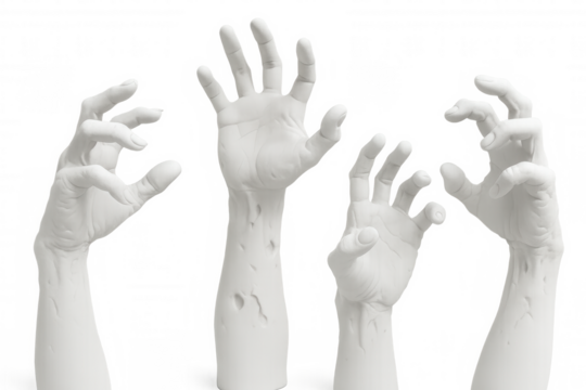 Four decaying zombie hands reach upwards on a transparent background, creating a spooky and eerie atmosphere