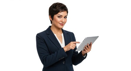 Businesswoman in Suit Using Tablet White Background.