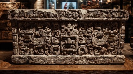 Ancient stone carving with intricate relief, depicting a deity and birds