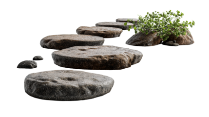 Path of stepping stones across rippling water with a small plant, cut out transparent