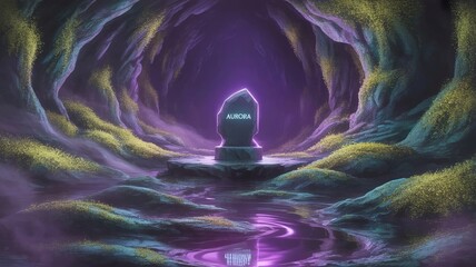 Mystical glowing crystal monolith in a surreal alien cave with shimmering water reflection