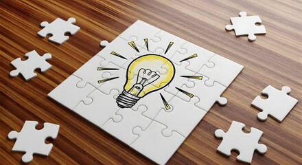 A jigsaw puzzle with a lightbulb sketch, symbolizing the process of finding a solution or creative idea.