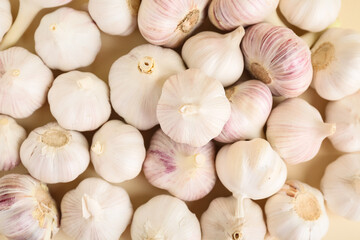 Many fresh garlics on beige background