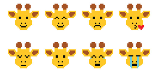 Adorable giraffe pixel art emoji set - animal expression face.