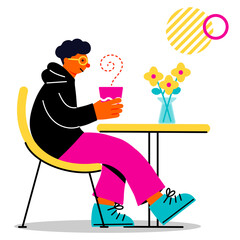 Pop and colorful illustration of a young man drinking a hot drink at a cafe.