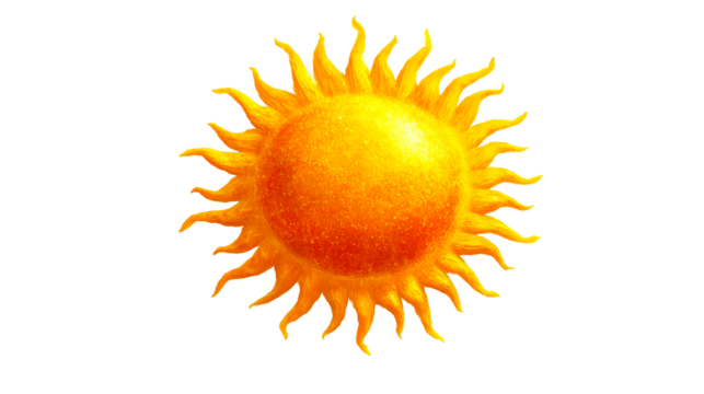 Radiant Sun Icon with Blazing Orange Rays on White, cut out transparent