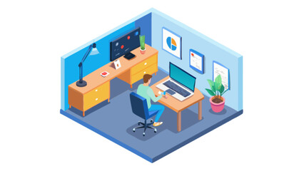 Isometric home office setup with desk, laptop, and chair for remote work and online meetings concept
