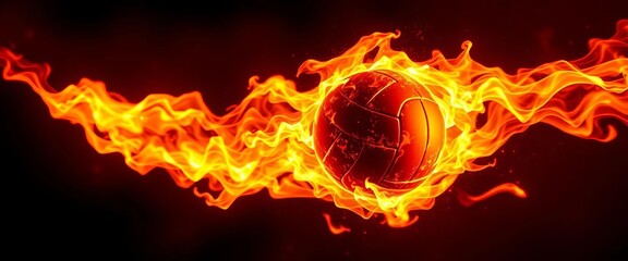 Fiery volleyball soaring through dark space, flames blazing,  hot,  sport equipment