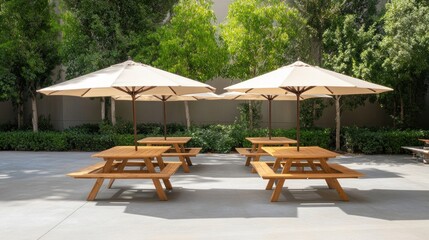 Serene Courtyard Picnic Area with Beige Umbrellas