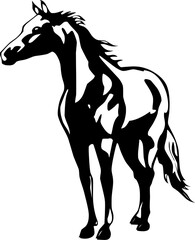 Stylized black and white silhouette of a standing horse, simple equestrian animal design for stencil, decal, logo, art, and decorative use. 