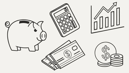 Financial planning and savings illustration with piggy bank calculator and growth chart for business finance
