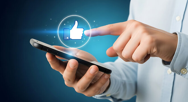 Close up of a person s hands holding a smartphone and touching a glowing thumbs up icon on the screen symbolizing social media approval and engagement