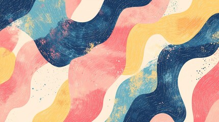 Obraz premium Abstract watercolor waves in pink, blue, and yellow with textured details