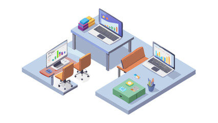 Isometric office space design with desks, laptops, chairs and computer workstation for business use