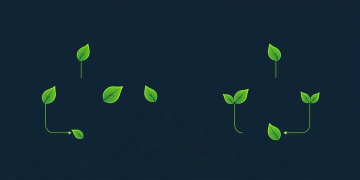 Green leaf icons illustrating a linear business process,  plan,  progression