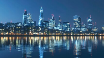 Fototapeta premium Stunning City Skyline at Night with Reflections on Water Surface