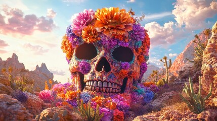 Colorful Skull Surrounded by Vibrant Flowers in a Desert Landscape
