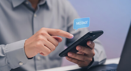 Close up of a person s hands holding a smartphone with a digital payment icon hovering above the screen suggesting online transactions