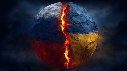 Cracked earth sphere painted with Russian and Ukrainian flags, molten lava fissure in center symbolizing intense conflict, division, and geopolitical tension