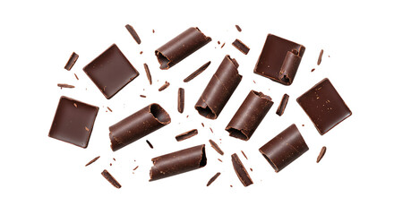 Dark chocolate pieces and shavings isolated on transparent background