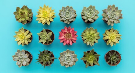 A collection of various small succulent plants in pots arranged in a grid pattern on a bright blue background, top view