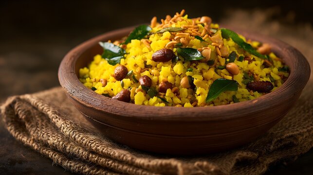 Traditional Indian poha breakfast served in clay bowl, garnished with peanuts, curry leaves, and sev, showcasing vibrant yellow flattened rice dish from Maharashtra