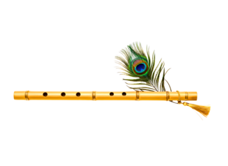 Bamboo flute with peacock feather isolated on transparent background