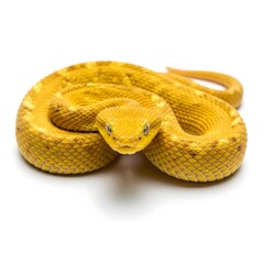 Close-up of a vibrant yellow venomous snake coiled on a white background.