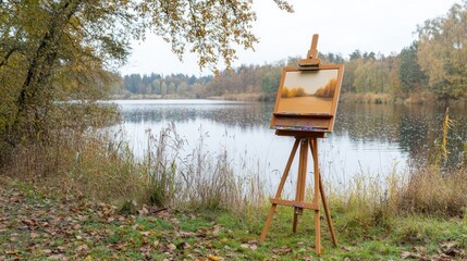 Autumn Lake Painting Scene: An easel stands by a tranquil lake, reflecting the autumnal colors of the surrounding trees. A perfect moment of inspiration captured.