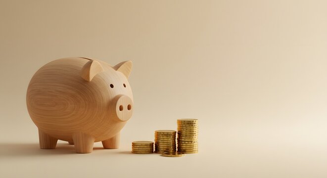 Wooden Piggy Bank with Stack of Coins on Beige Background - Powered by Adobe