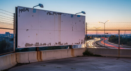Obraz premium Weathered Billboard Overlooking Highway with Light Trails at Dusk