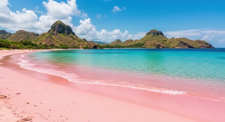 Fototapeta premium A breathtaking view of the iconic Pink Beach on Komodo Island, Indonesia. The sand's unique pink hue comes from crushed red coral blending with white sand