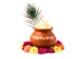 Clay pot filled with flowers and peacock feather isolated on transparent background