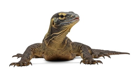 Fototapeta premium A Komodo dragon lies on a white background, lifting its head to look upwards with an alert expression.