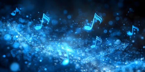 Vibrant blue music notes floating against a dark background.